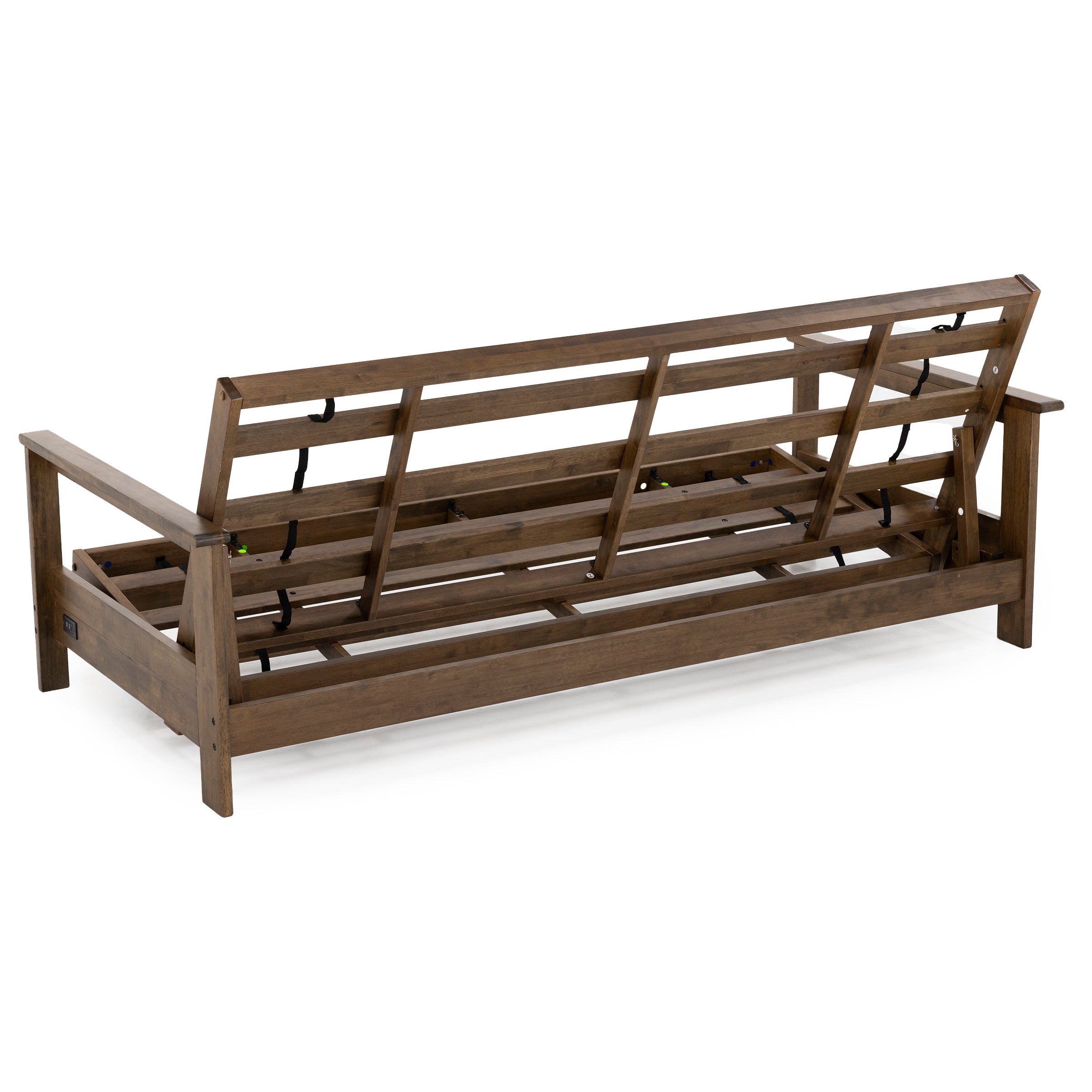 Back view of a wooden sofa frame showing armrests, slats, and attached power outlet.