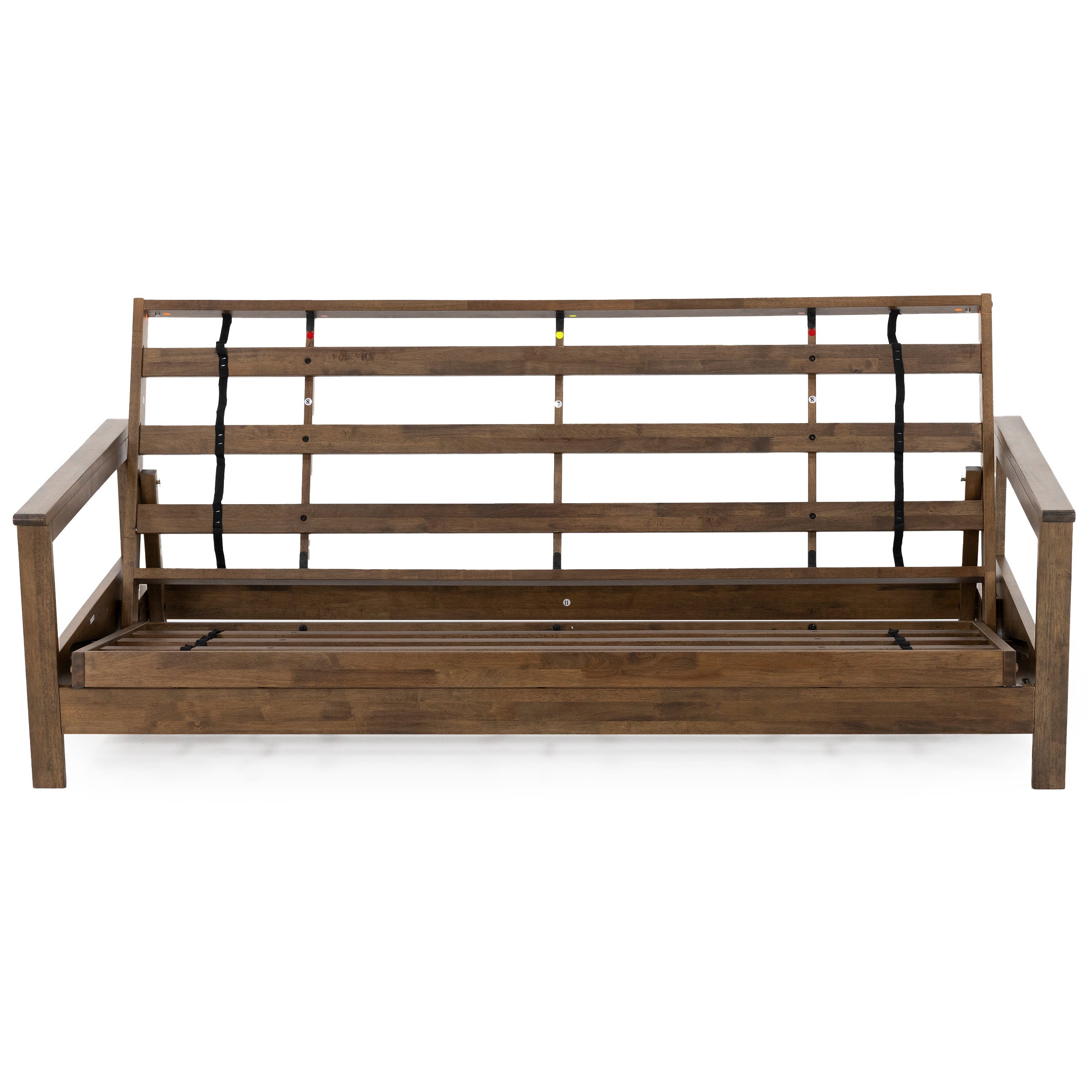 Wooden sofa frame without cushions, shown from the front for assembly reference.