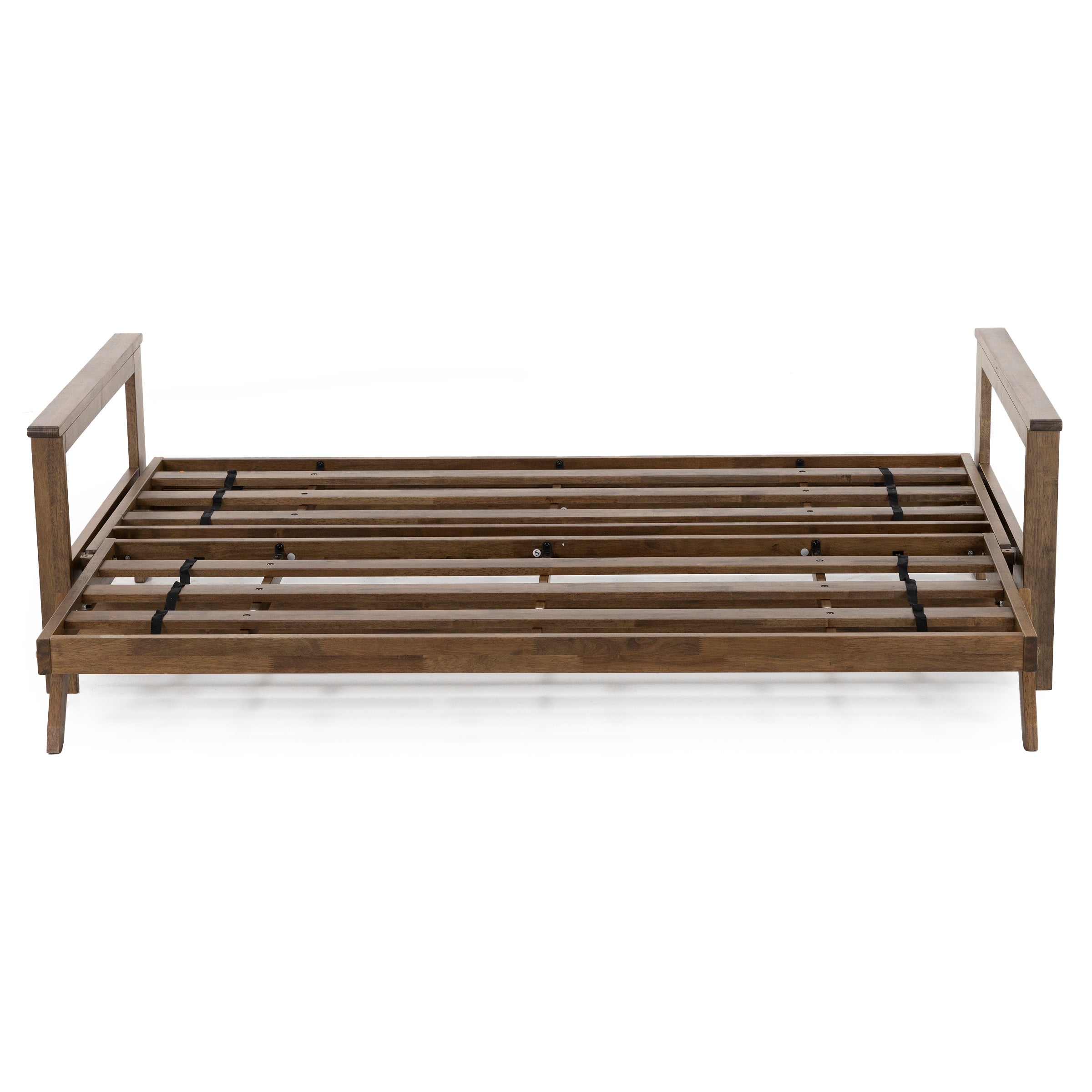 Wooden daybed frame with slatted base and open armrests.