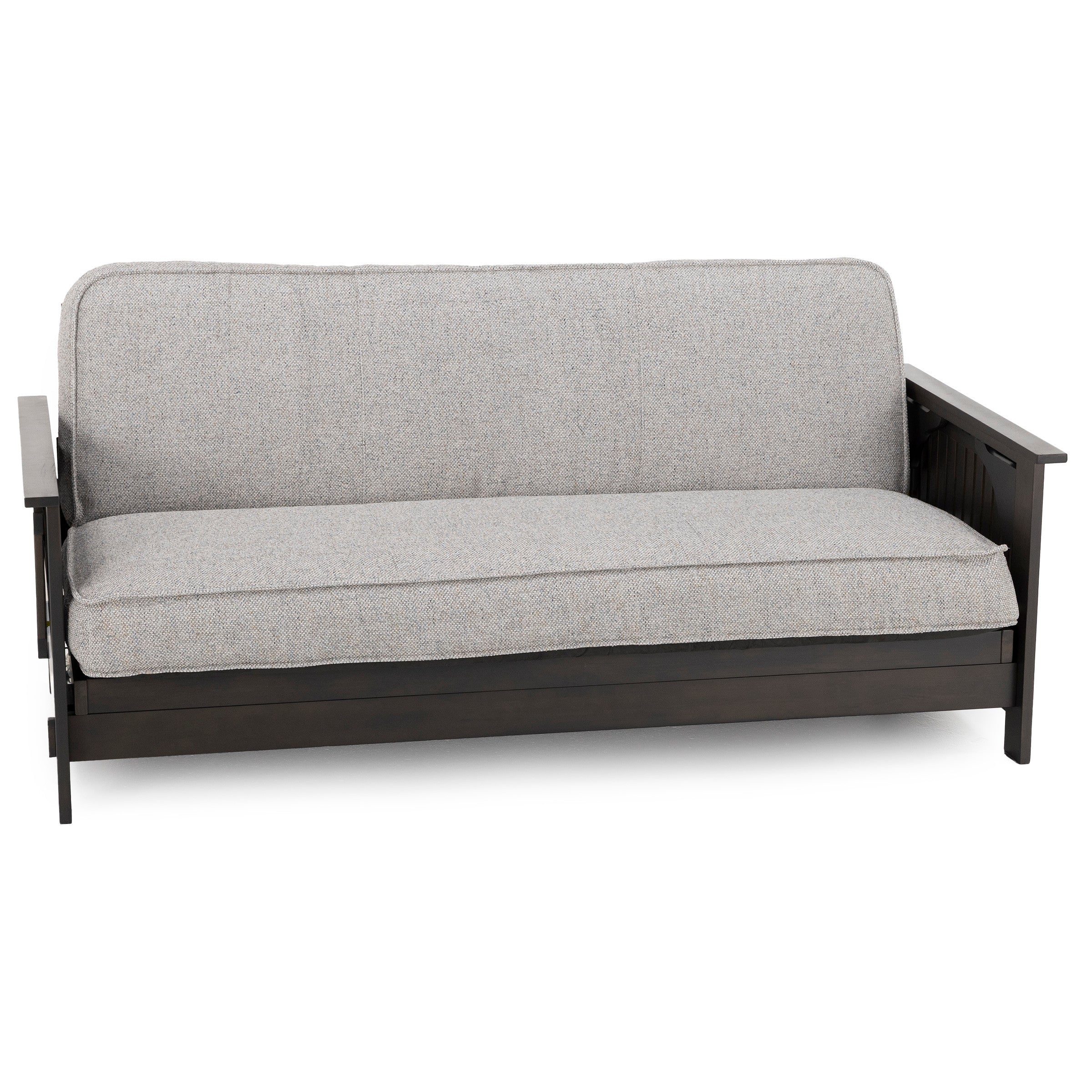 Dark wood frame sofa with light gray upholstered cushions, viewed from the front.