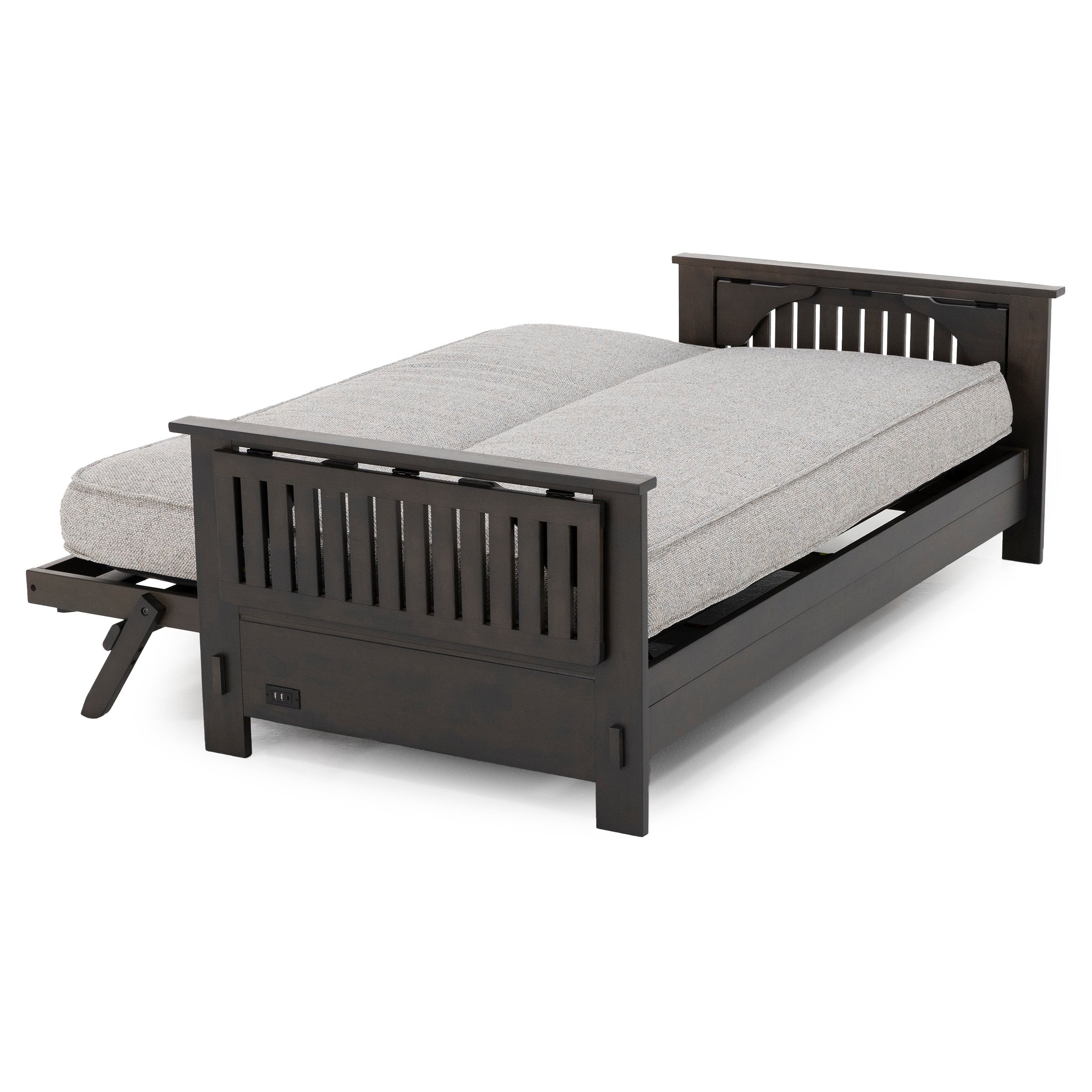 Wooden futon with gray cushion shown in bed position.