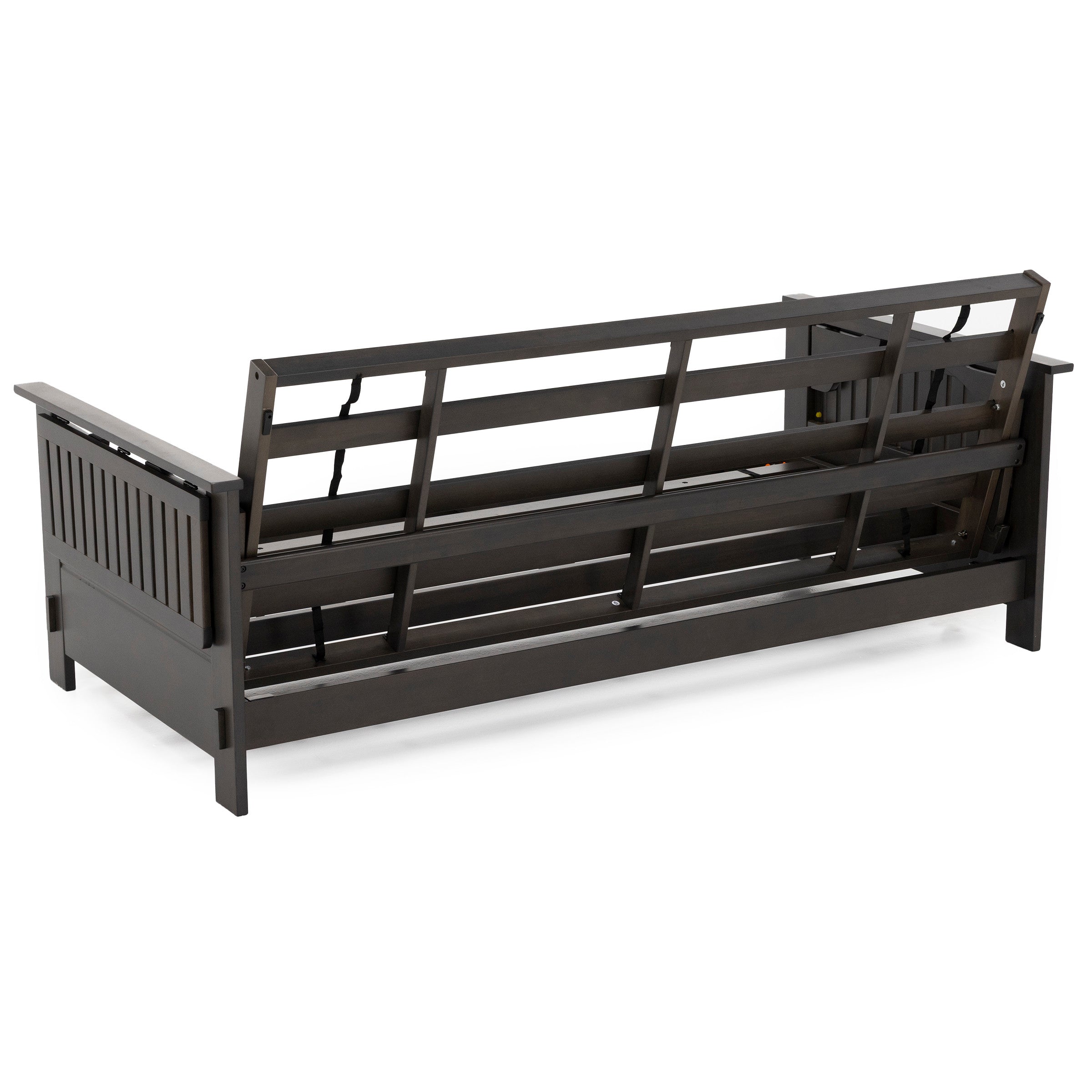 Back view of a wooden futon frame in dark finish, showing slatted design and mechanism.