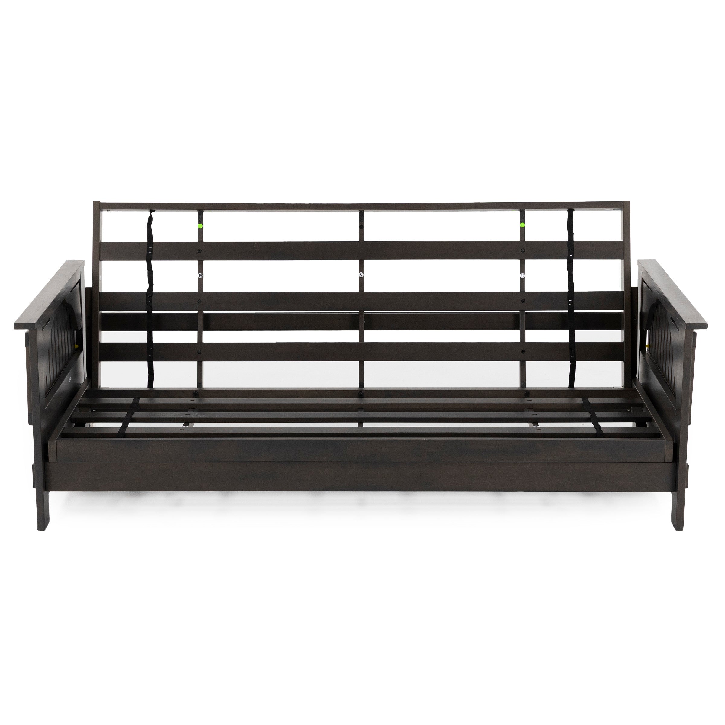 Dark wood daybed frame with open slat back and sides, shown without mattress.