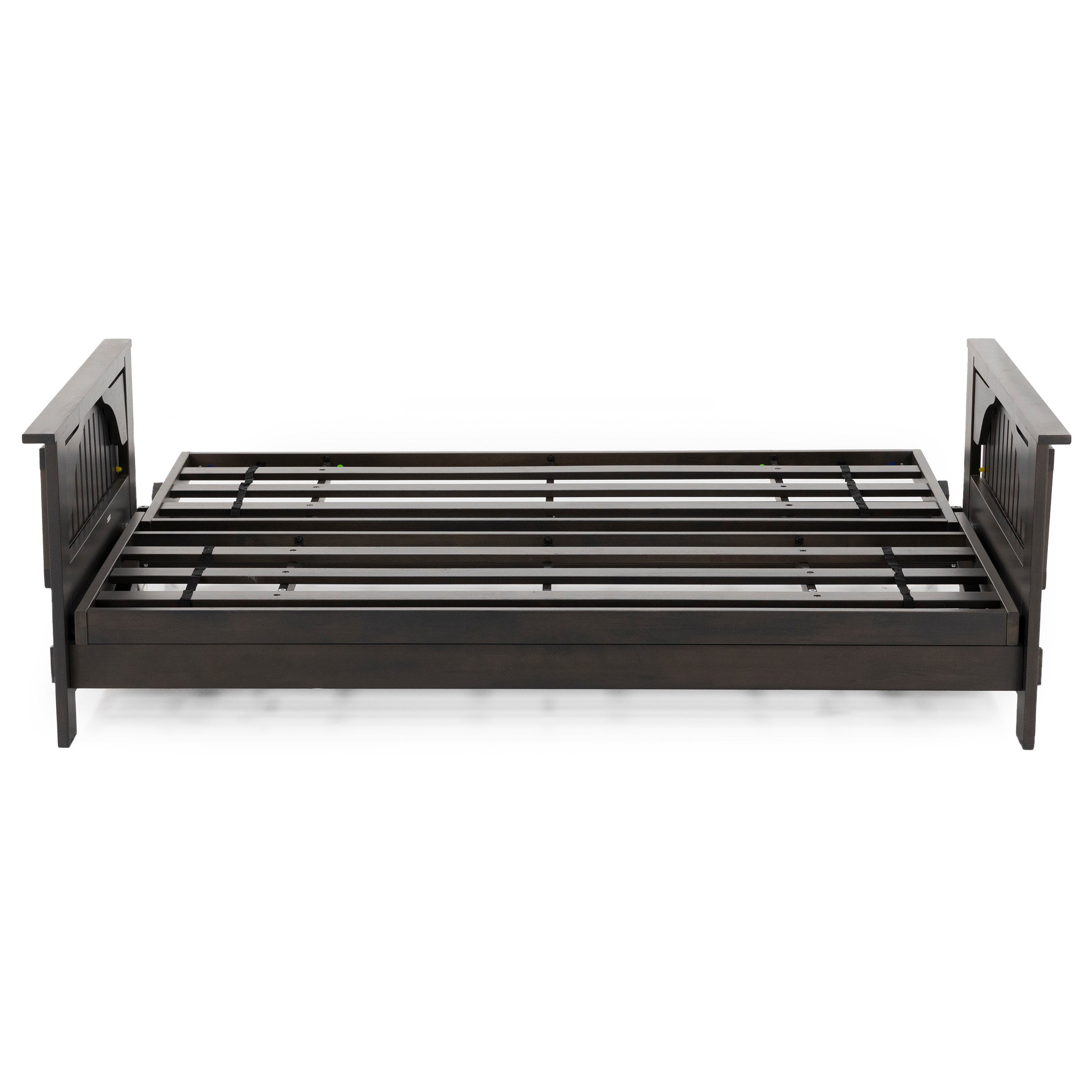 Dark wood platform bed frame with slats, shown without mattress or bedding.