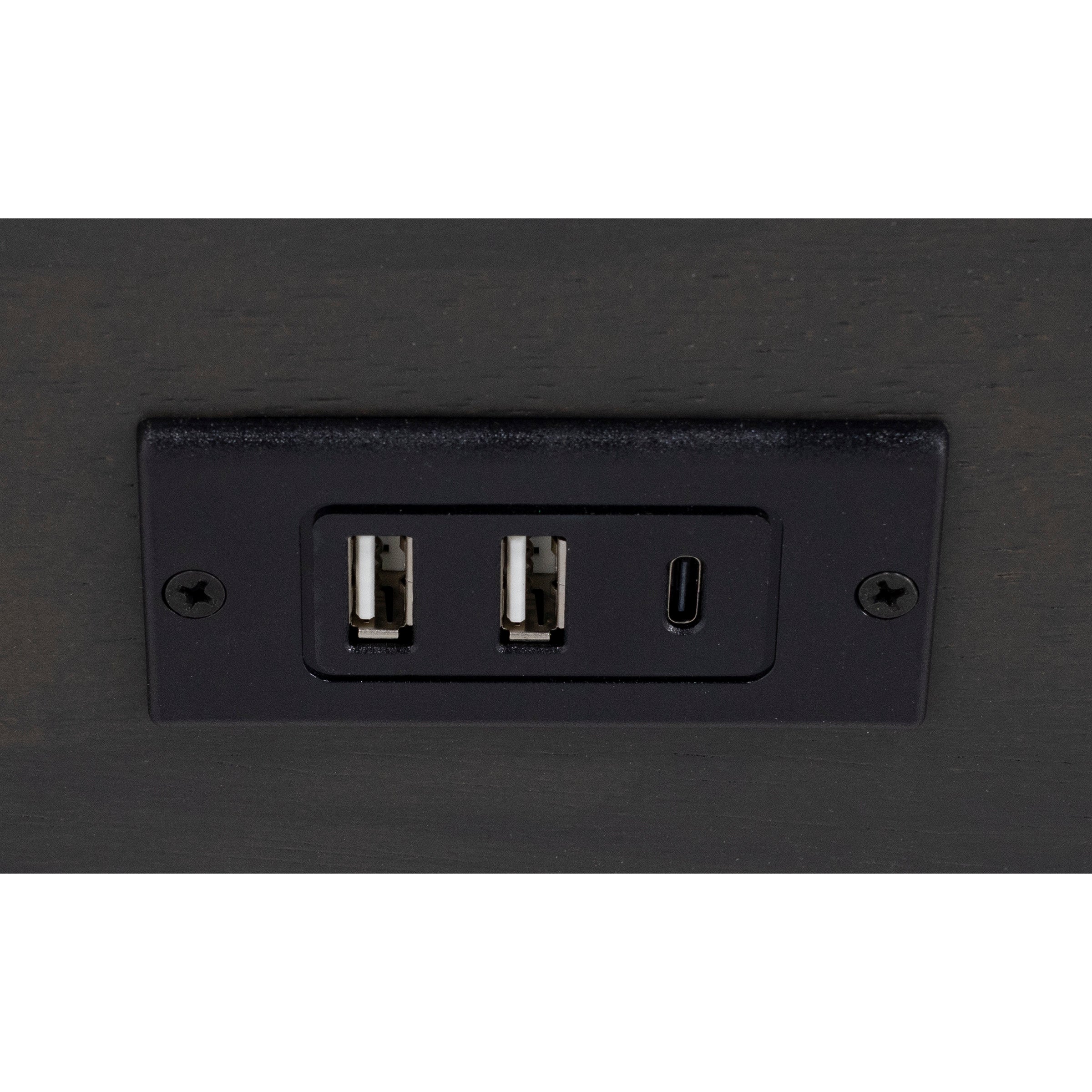 Close-up of a built-in USB and USB-C charging port panel.