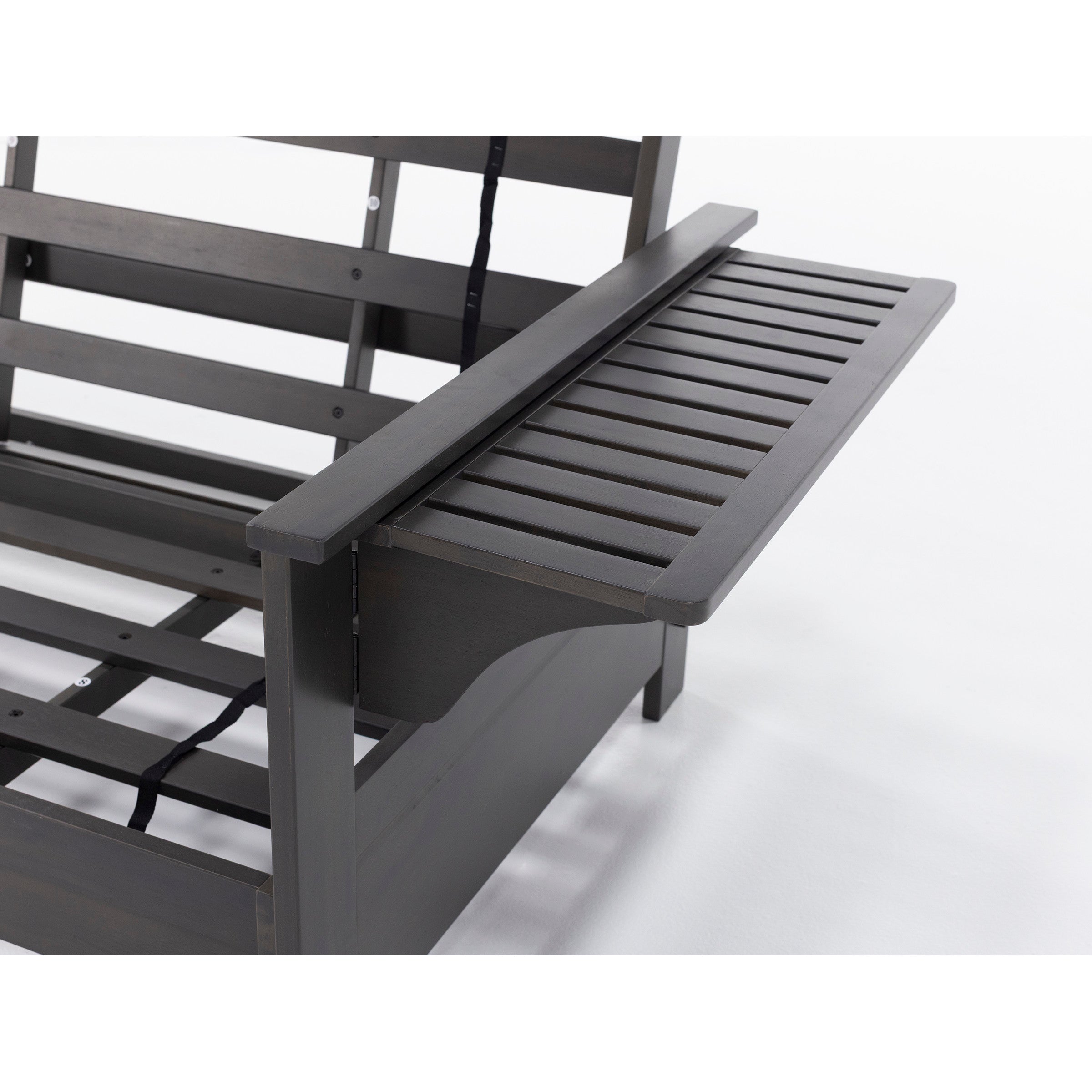 Close-up of a dark wood bench with a slatted fold-out side table.